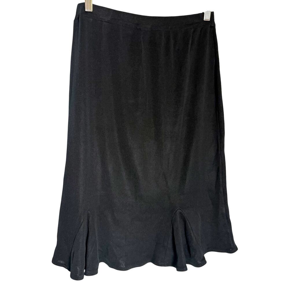 Ming Wang Solid Black Knit Pull-On Godet Hem Knee Length Office Skirt Size Small